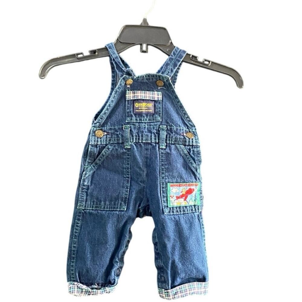 Vintage Oshkosh B’gosh Usa Plaid Teddy Bear Corps Denim Vestbak Overalls Size 6m